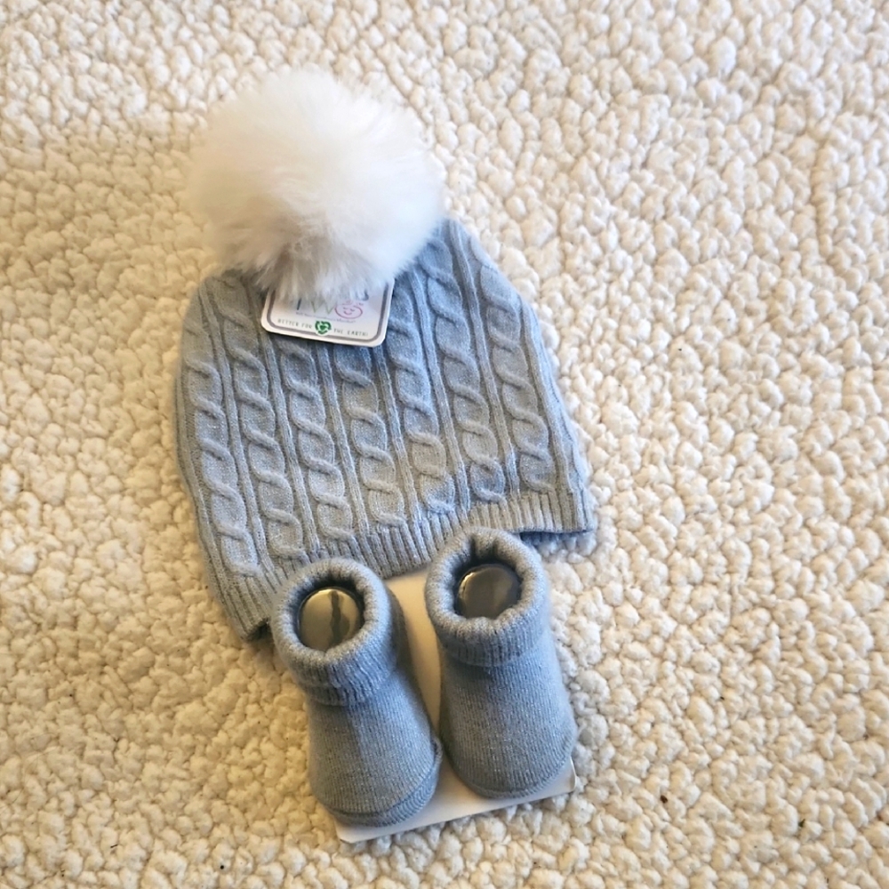 NYGB Two Cable Knit Baby Hat and Booties Set - Blue and White